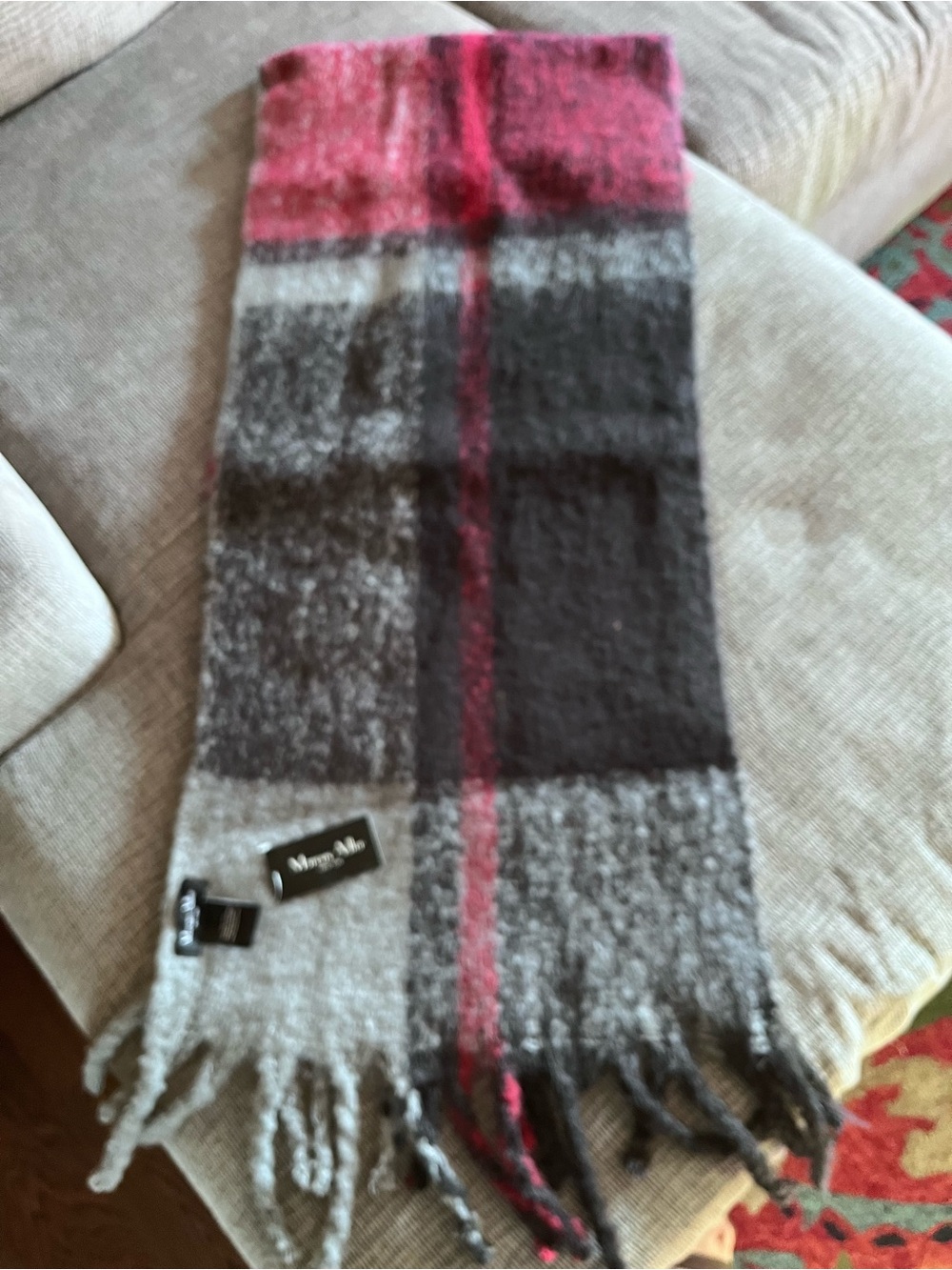 Mango Checked Fringe Scarf in Pink and Gray